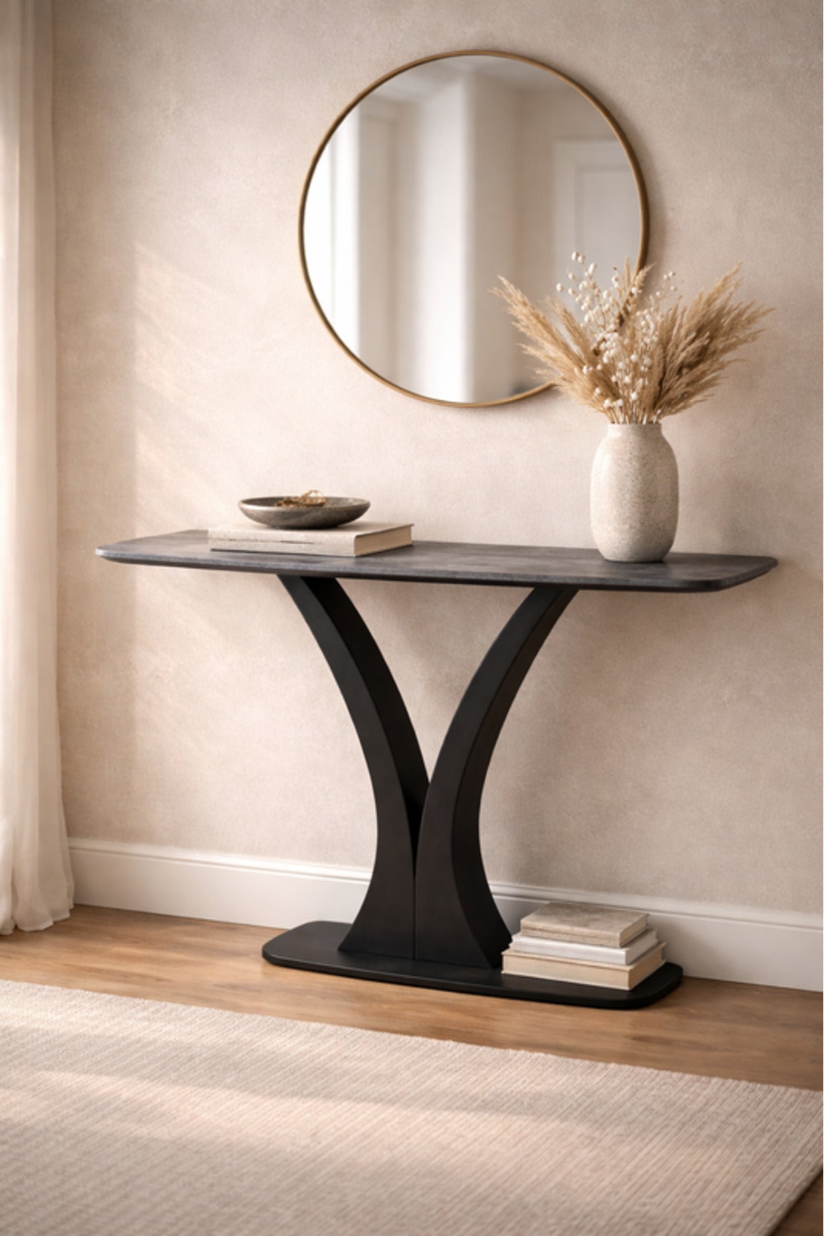 Dark Grey Console Table with Black Metal Base Modern Entryway dark grey console