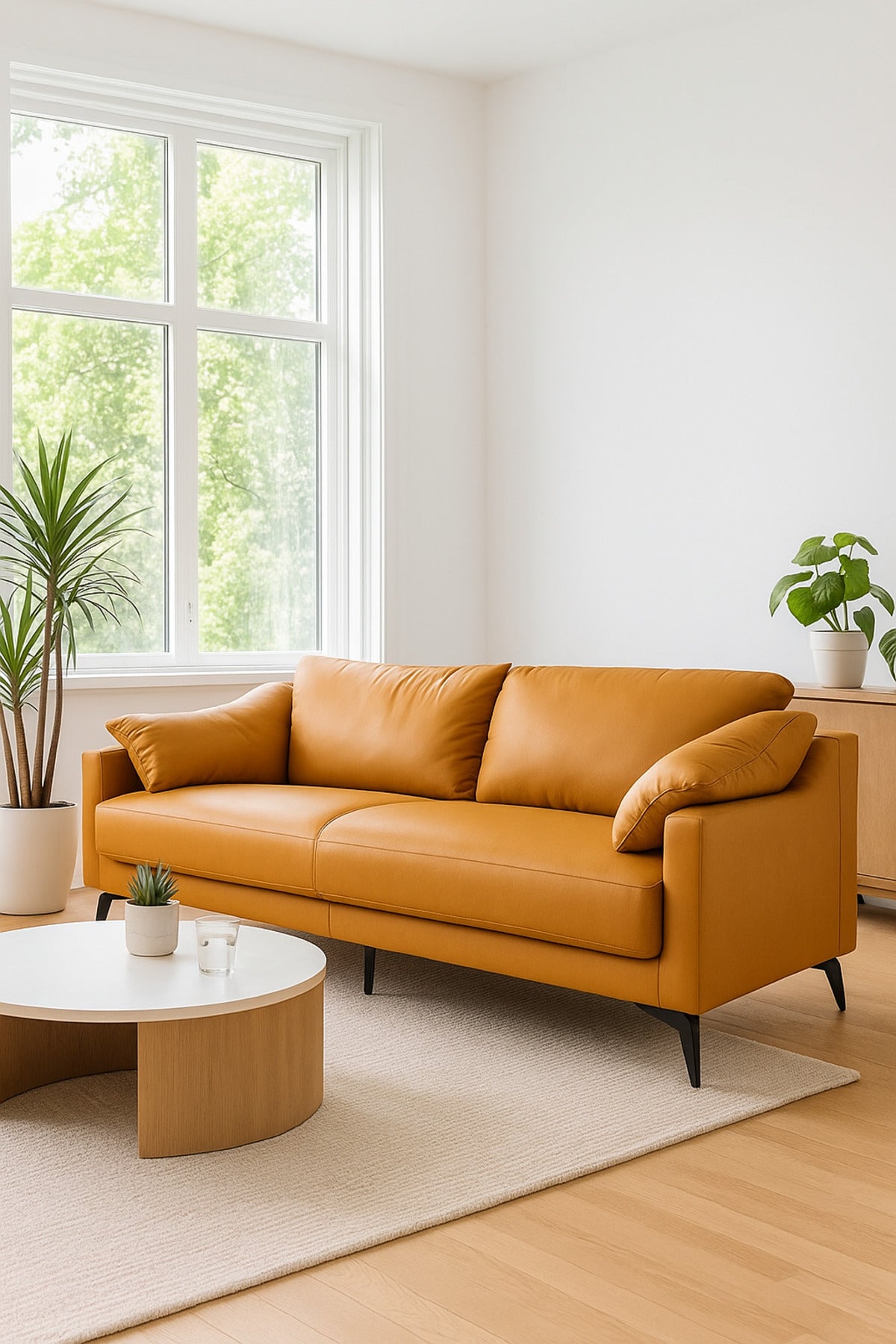 Yellow 3-Seater Sofa Ð Modern Leather Fabric Sofa with Soft Cushions and Metal Legs for Living Room