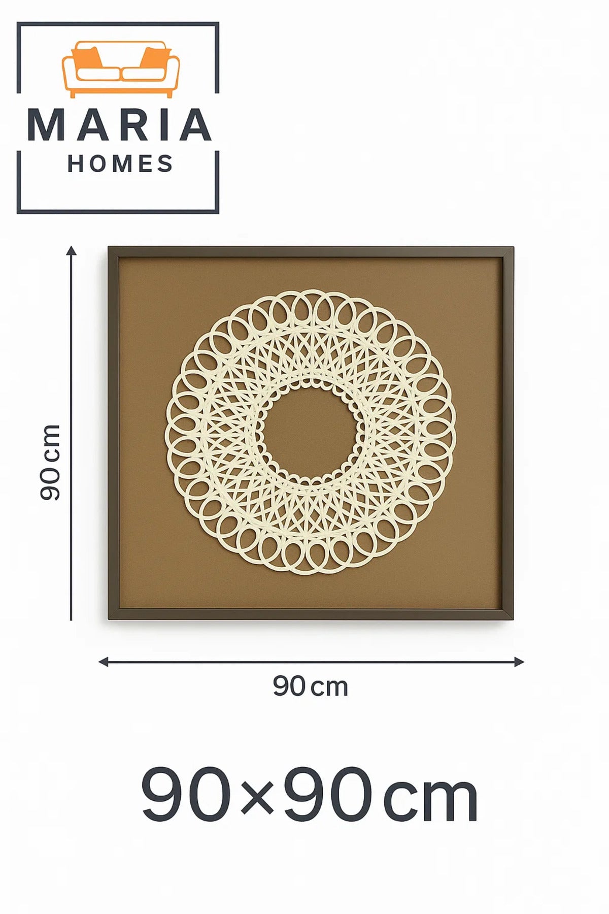 Framed Mandala Wall Art with White Lace Pattern on Brown Canvas-size 90*90*3 CM