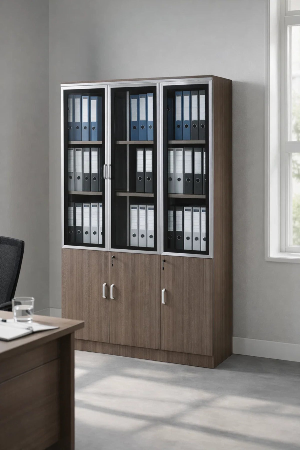 Elegant High Capacity Grey Office File Cabinet with Glass Upper Doors and Secure Locking Storage