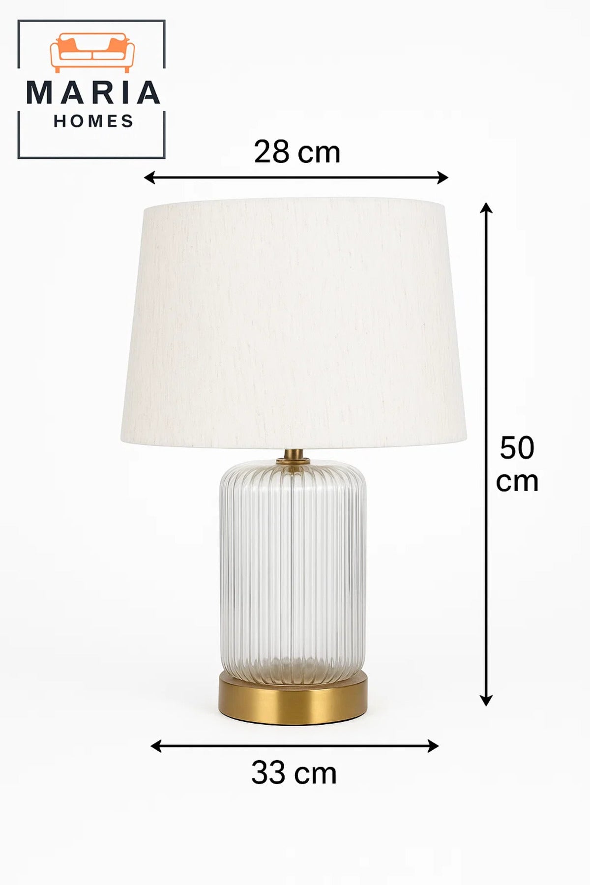 Ribbed Glass Table Lamp With Beige Shade And Gold Base For Elegant Night Lighting
