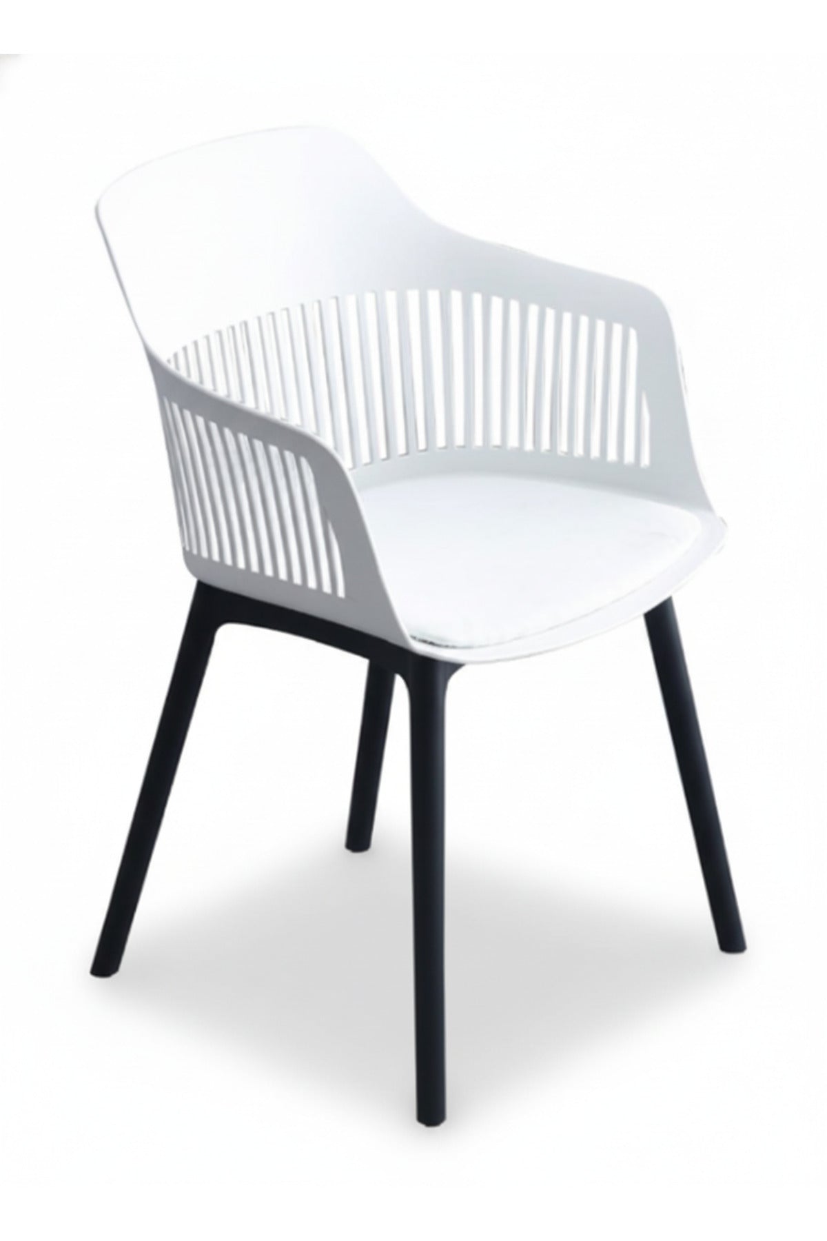 White Plastic Armchair with Black Legs Modern Ventilated Backrest Chair for Indoor & Outdoor Seating