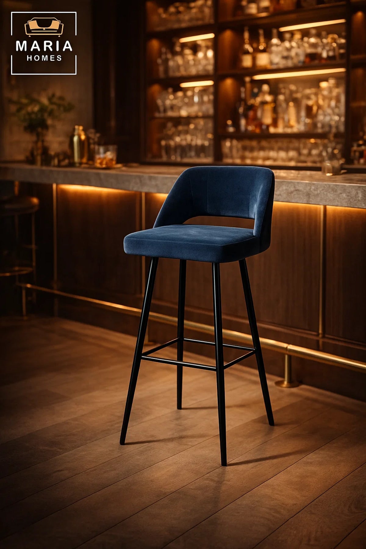Modern Upholstered Bar Chair Blue High Stool with Metal Legs
