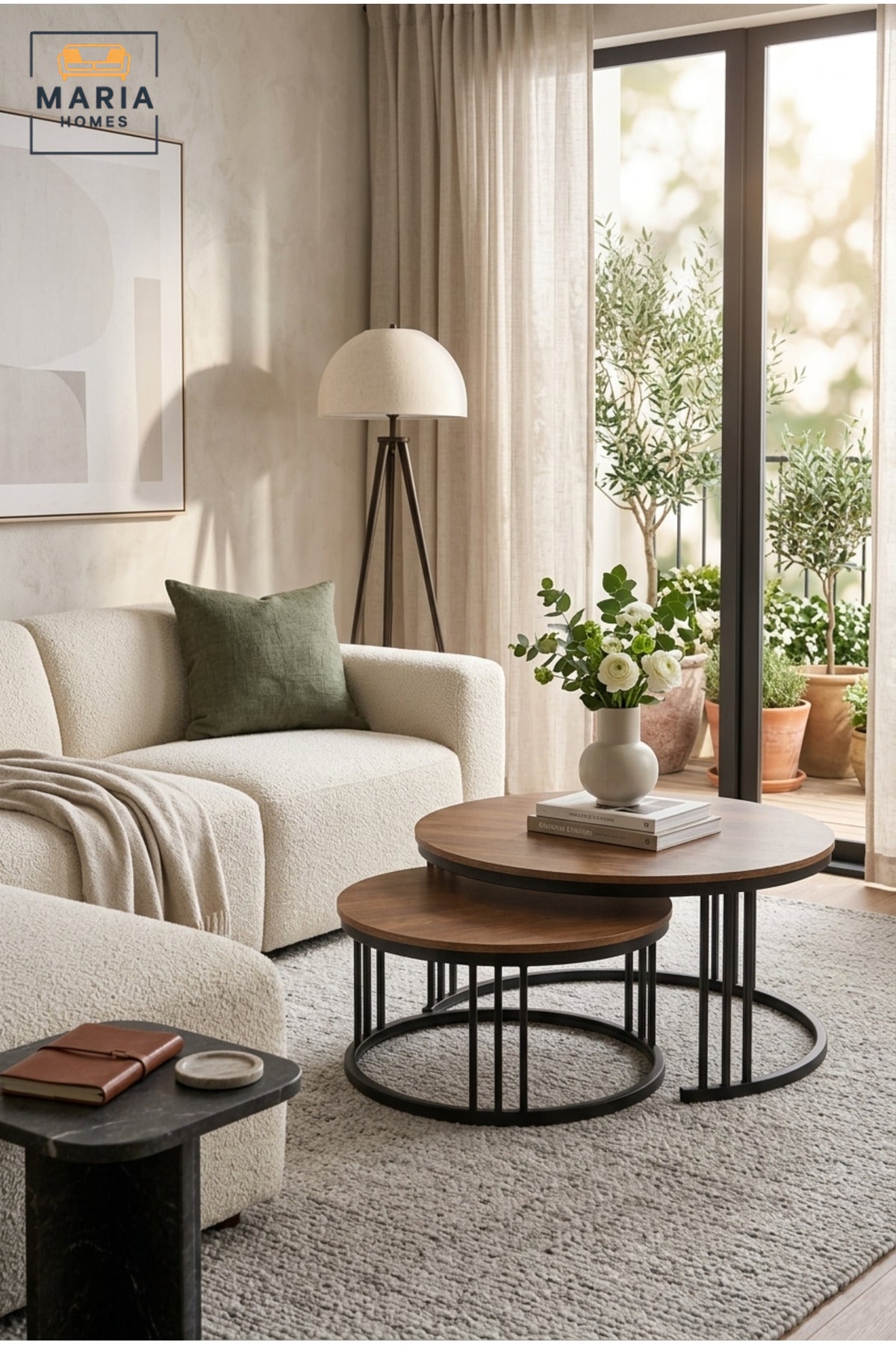 Modern Nesting Coffee Table Set with Round Wood-Effect Tops and Open Frames, Space-Saving Center Tables for Living Room, Lounge and Apartment