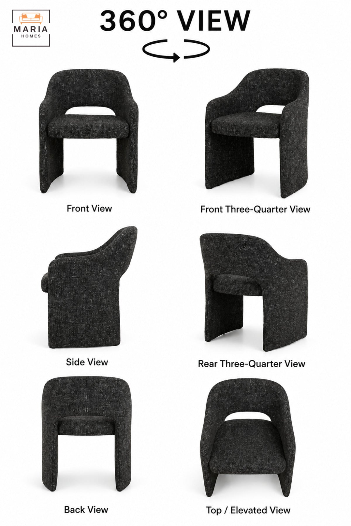 Modern Dark Grey Fabric Accent Chair with Curved Backrest, Integrated Armrests & Padded Seat, Contemporary Dining Lounge Chair for Living Room Office