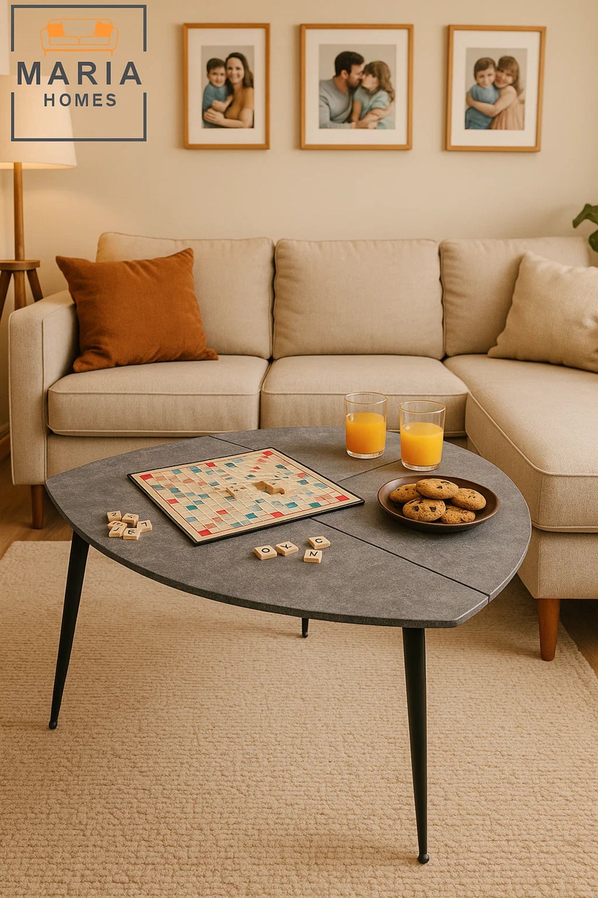 Tri-fold grey stone finish accent table with metal legs