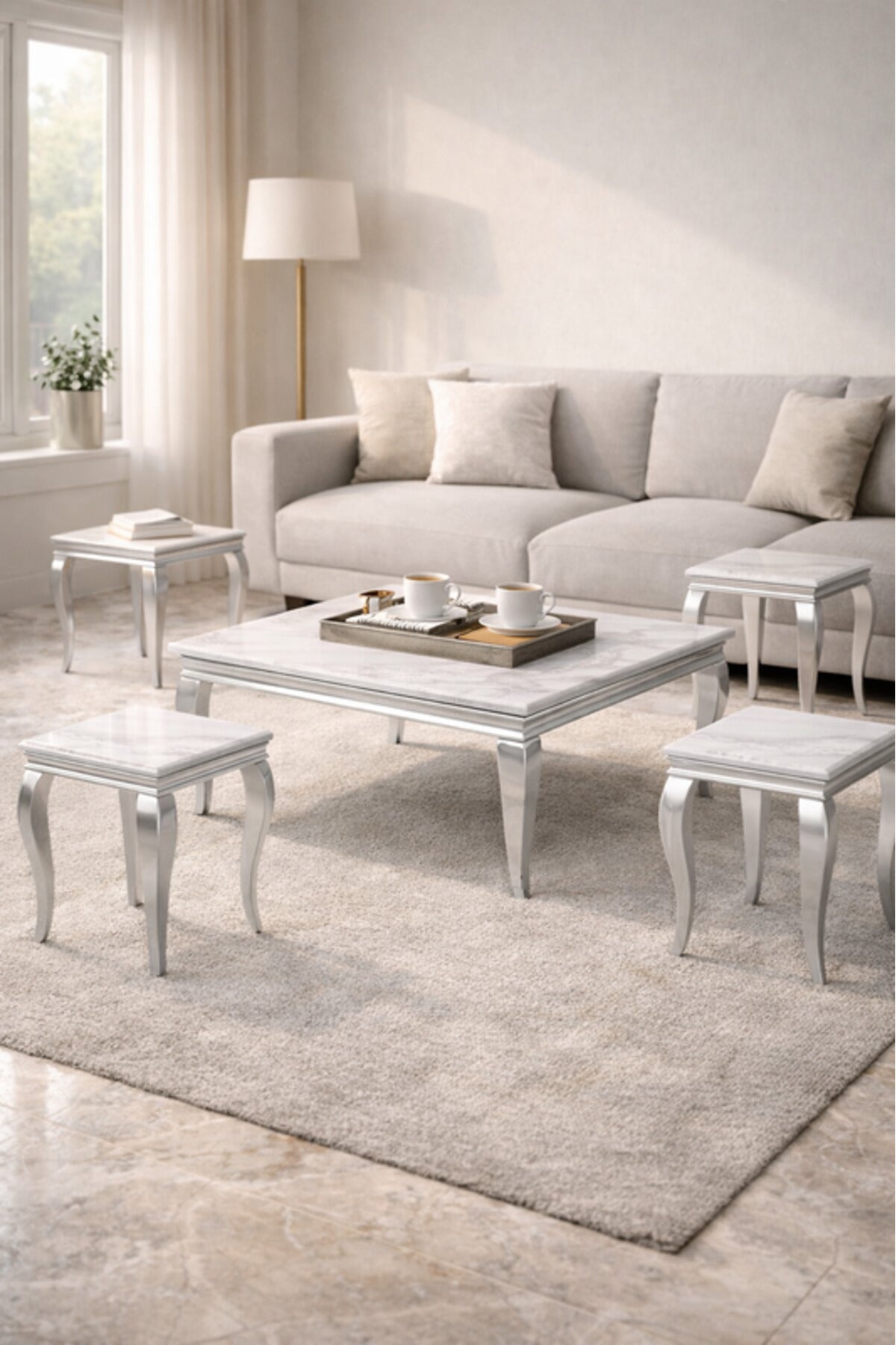 Silver Marble Style Coffee Table Set with 4 Side Tables silver marble style Center
