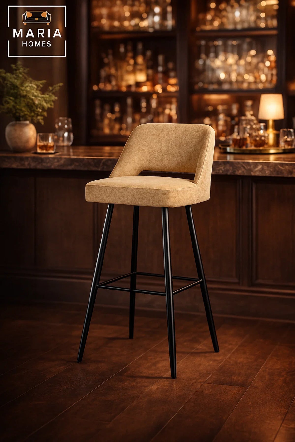 Modern Upholstered Bar Chair Yellow High Stool with Metal Legs