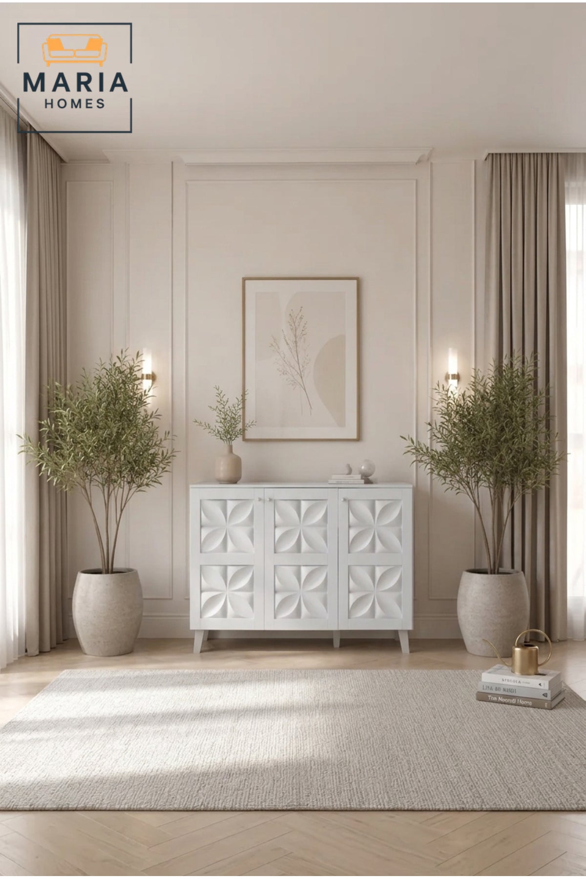 White Sideboard Cabinet Storage Console Table with Decorative Doors for Living Room Entryway