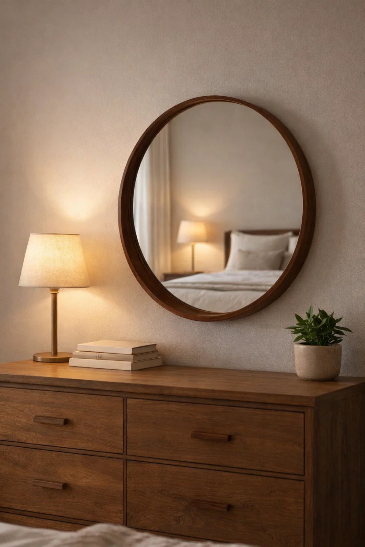 Modern Round Mirror Brown Wood Frame Wall Mounted M50 Decor 70x70cm Living