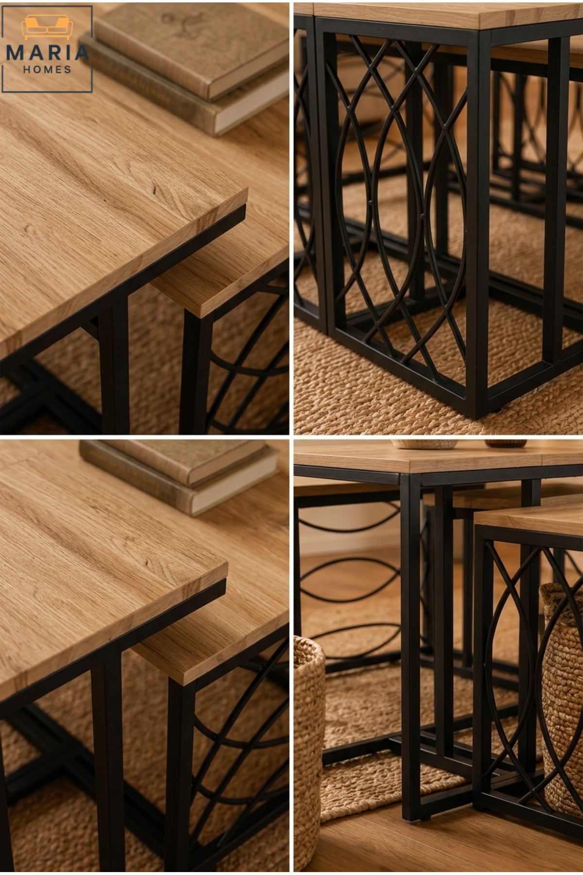 Modern Center Table set – Wooden Top with Metal Base, Living Room Coffee Table