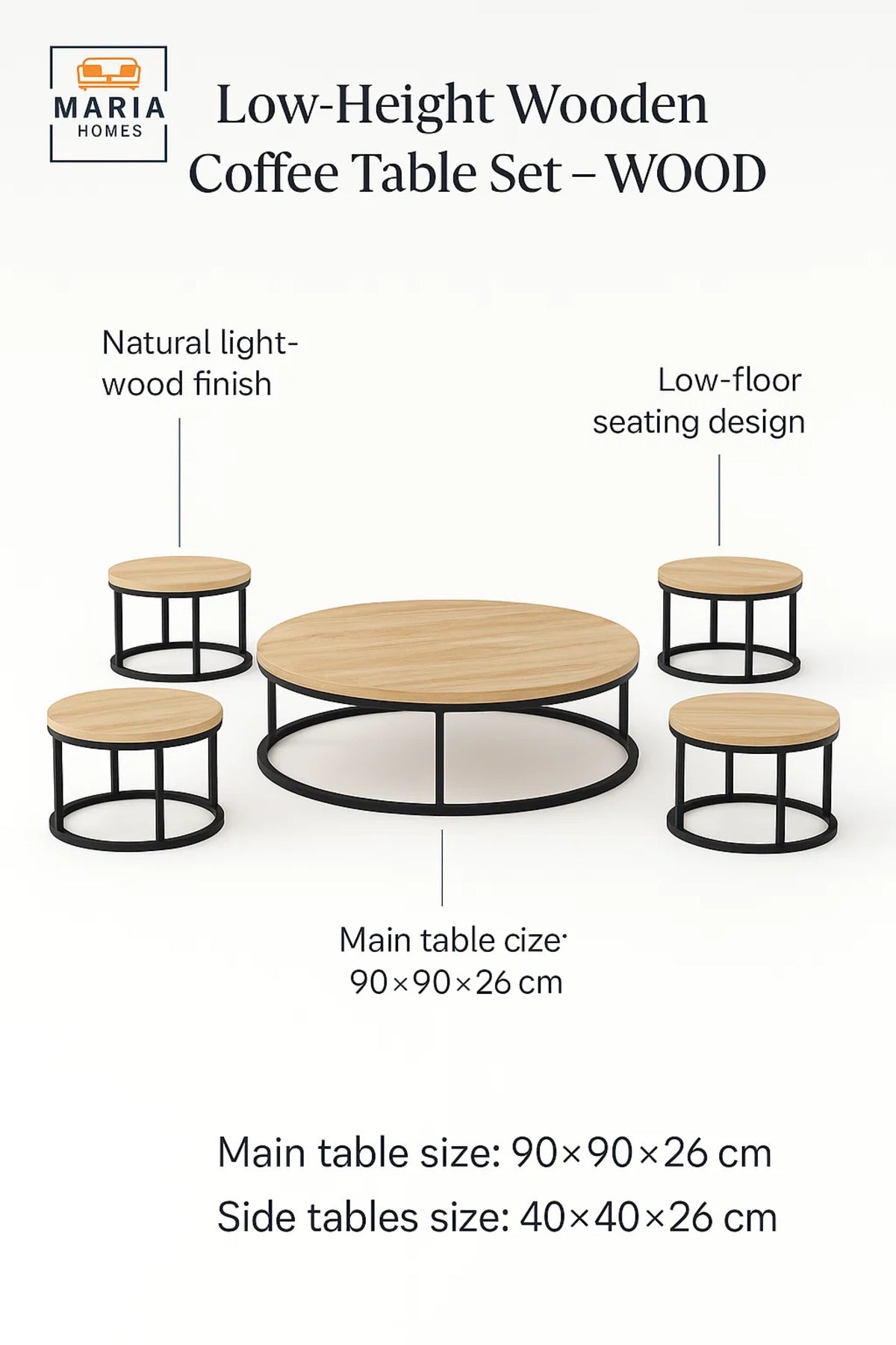 Light Oak Round Coffee Table Set √ê Modern Wood Finish with Metal Frame Living Room 5Piece