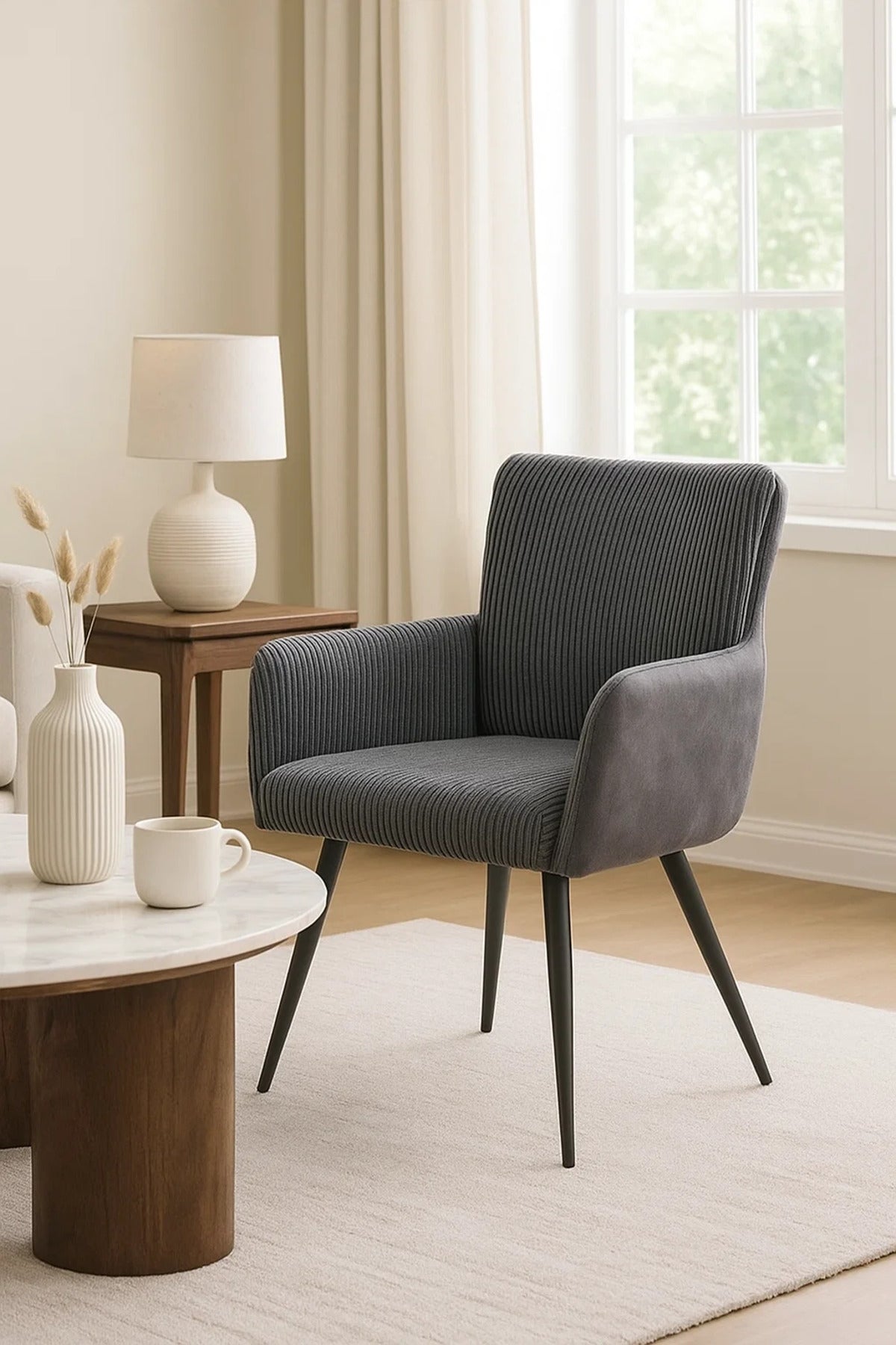 Comfortable Dark Grey Chair with Metal Legs, Modern Fabric Armchair for Home, Office & Living Room