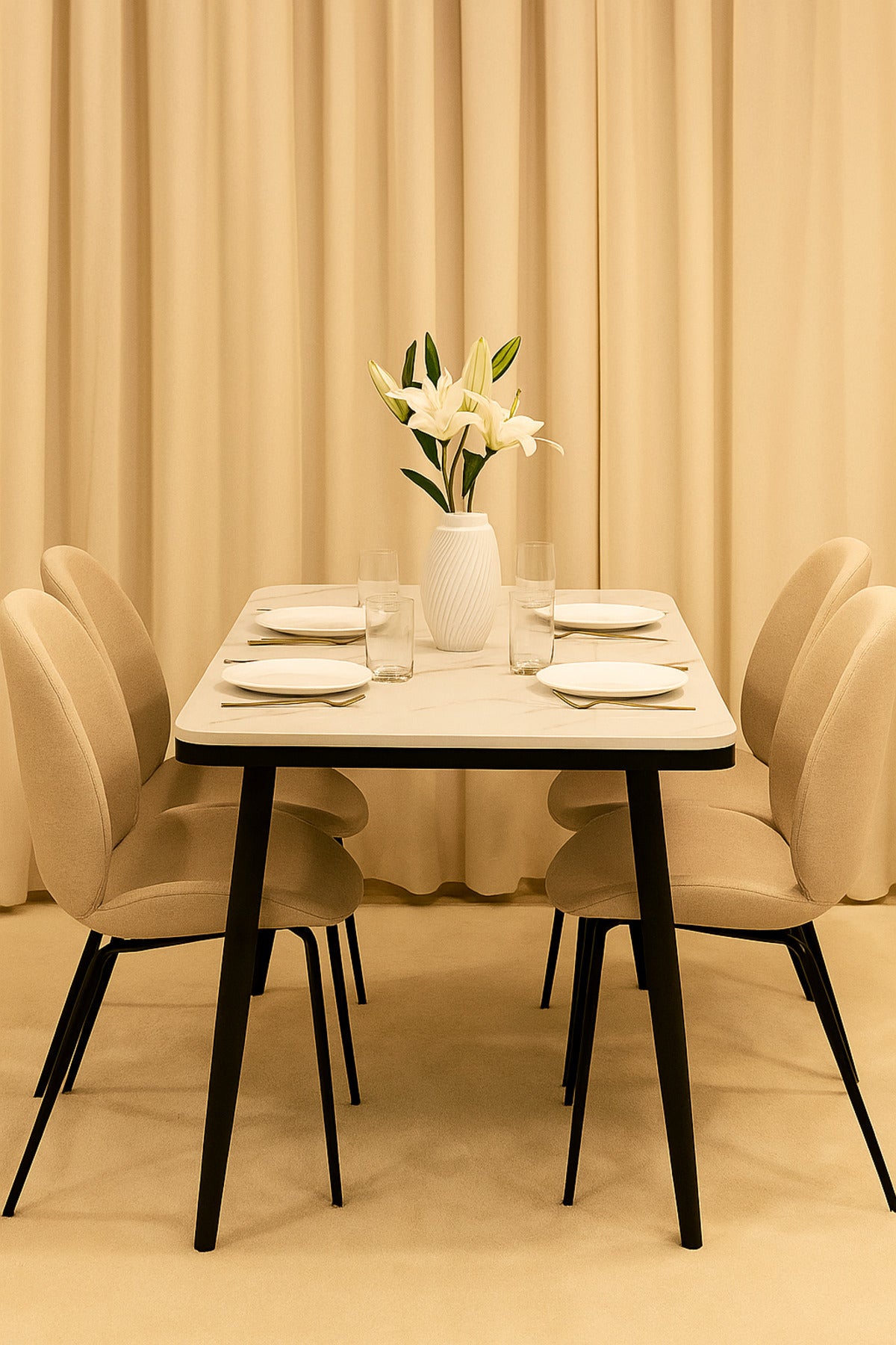 Rectangular Dining Table with White Marble-Effect Top & Black Legs Ð 120_70_76 cm