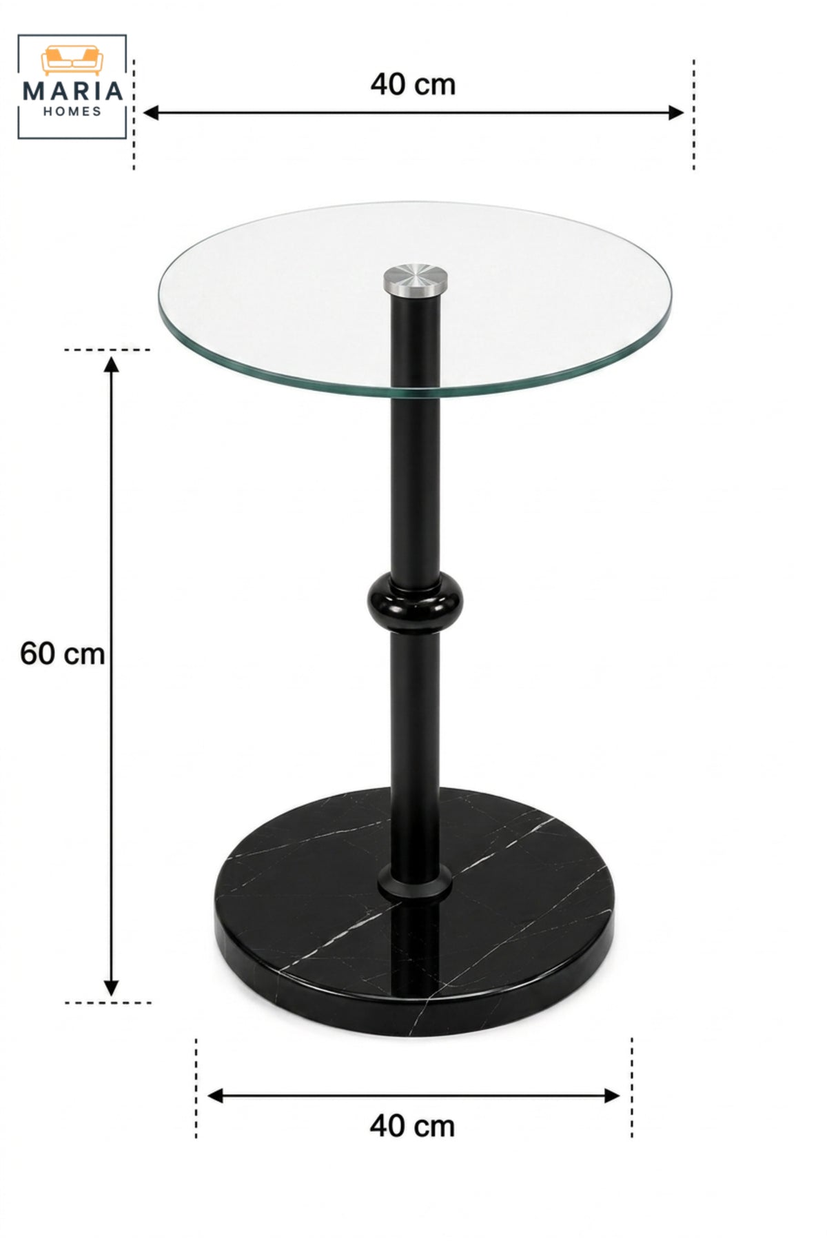 Modern Glass Side Table with Black Marble-Effect Base and Metal Pedestal