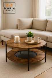 Round Brown Coffee Table √ê Modern Wooden Side Table with Storage Shelf 90_90_45 cm