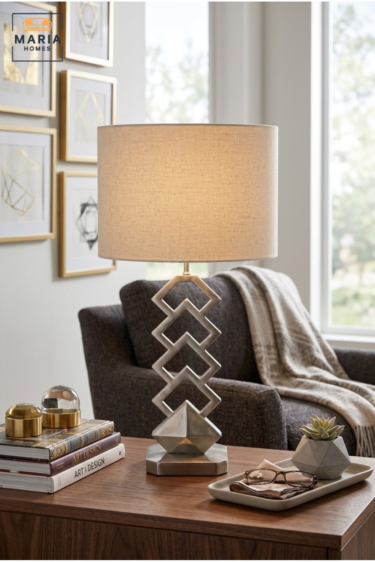 Modern Geometric Silver Table Lamp with White Drum Fabric Shade and Open Sculptural Base for Bedroom, Living Room, Office, Hotel and Bedside Décor
