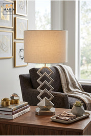 Modern Geometric Silver Table Lamp with White Drum Fabric Shade and Open Sculptural Base for Bedroom, Living Room, Office, Hotel and Bedside Décor