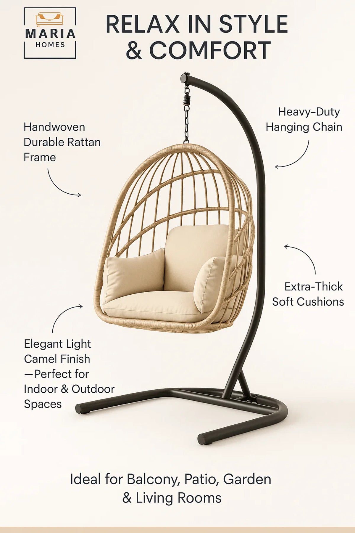Rattan Hanging Egg Chair with Stand for Indoor Outdoor Balcony Garden Patio Swing Chair