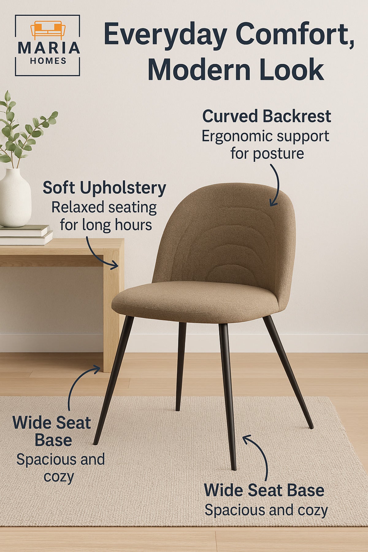 Beige Upholstered Dining Chair Ð Modern Sandy Fabric Seat with Black Metal Legs