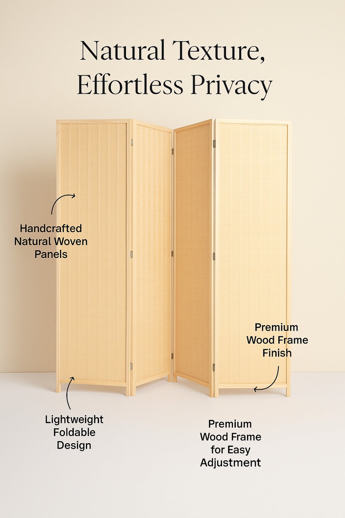 4-Panel Natural Rattan Room Divider Ð 180_200 cm Foldable Privacy Screen in Beige