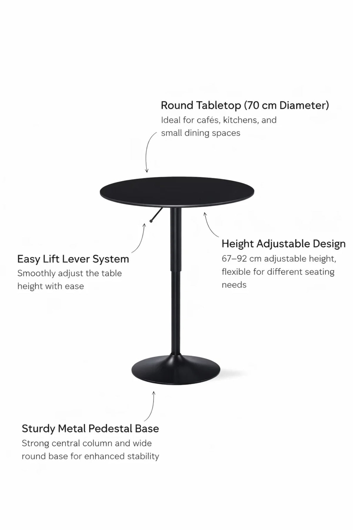 Modern Black Round Bistro Table 70cm Adjustable Height Pedestal Stand for Kitchen Dining Area