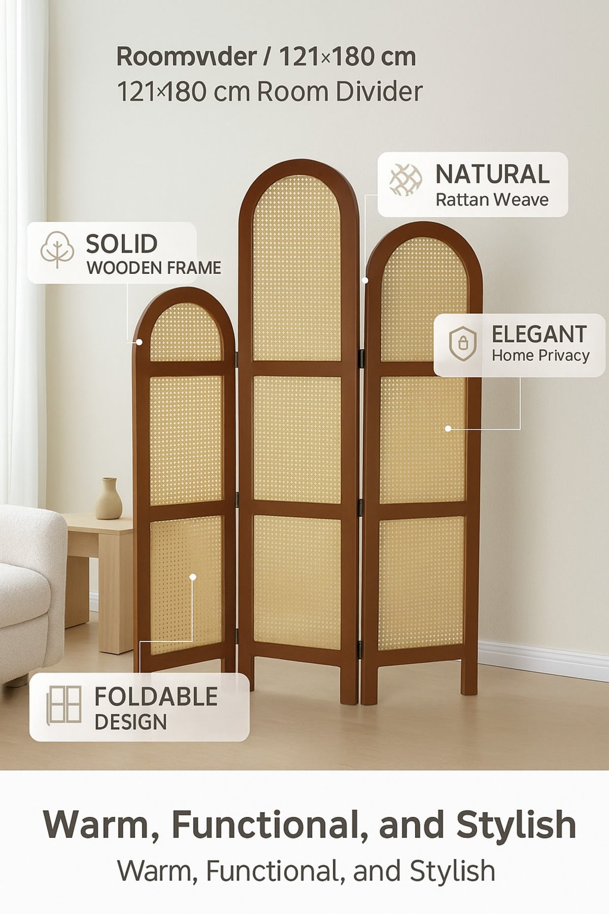 3-Panel Rattan Room Divider with Brown Frame Ð 121_180 cm Elegant Arched Privacy Screen
