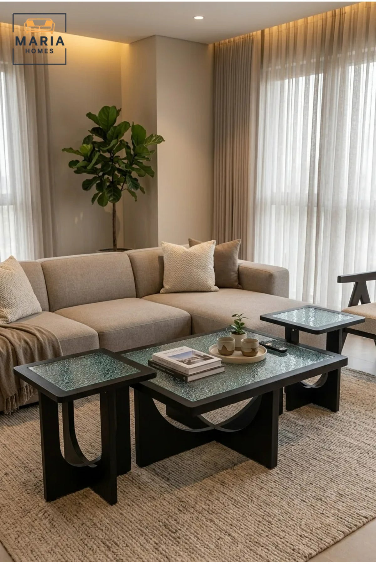 Modern Three-Piece Coffee Table Set with Rectangular Glass Tops and Two Matching Side Tables, Geometric Accent Tables for Living Room and Lounge