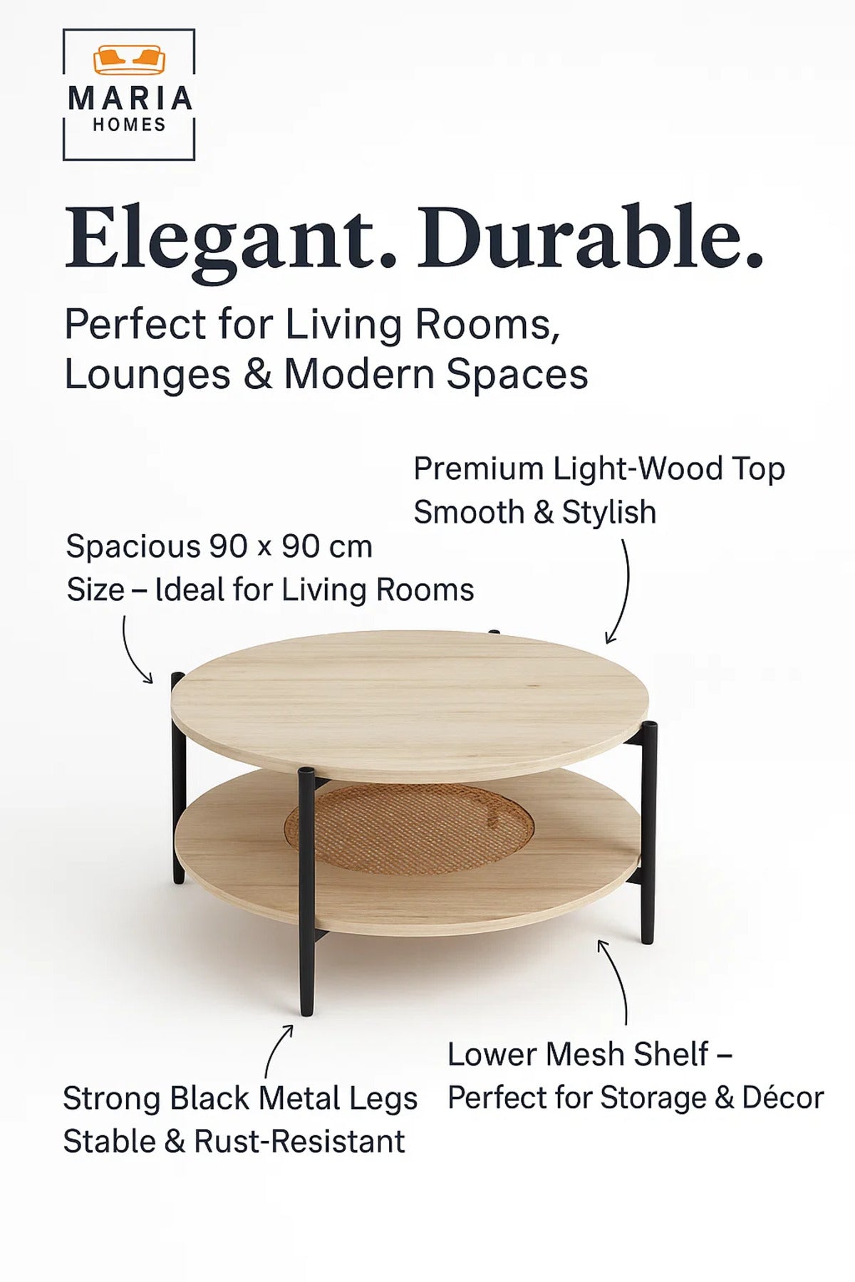 Round Light Wood Coffee Table √ê Modern Side Table with Storage Shelf 90_90_45 cm