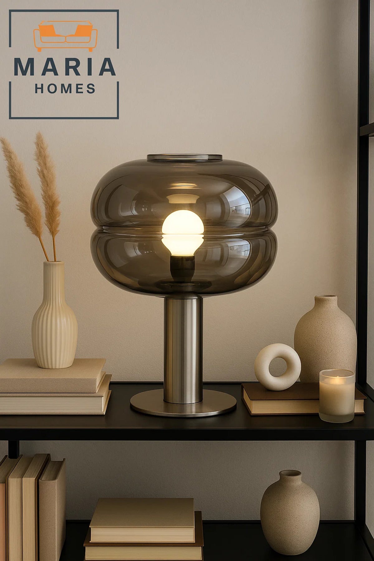 Brushed Steel Lamp With Smoked Glass Dome