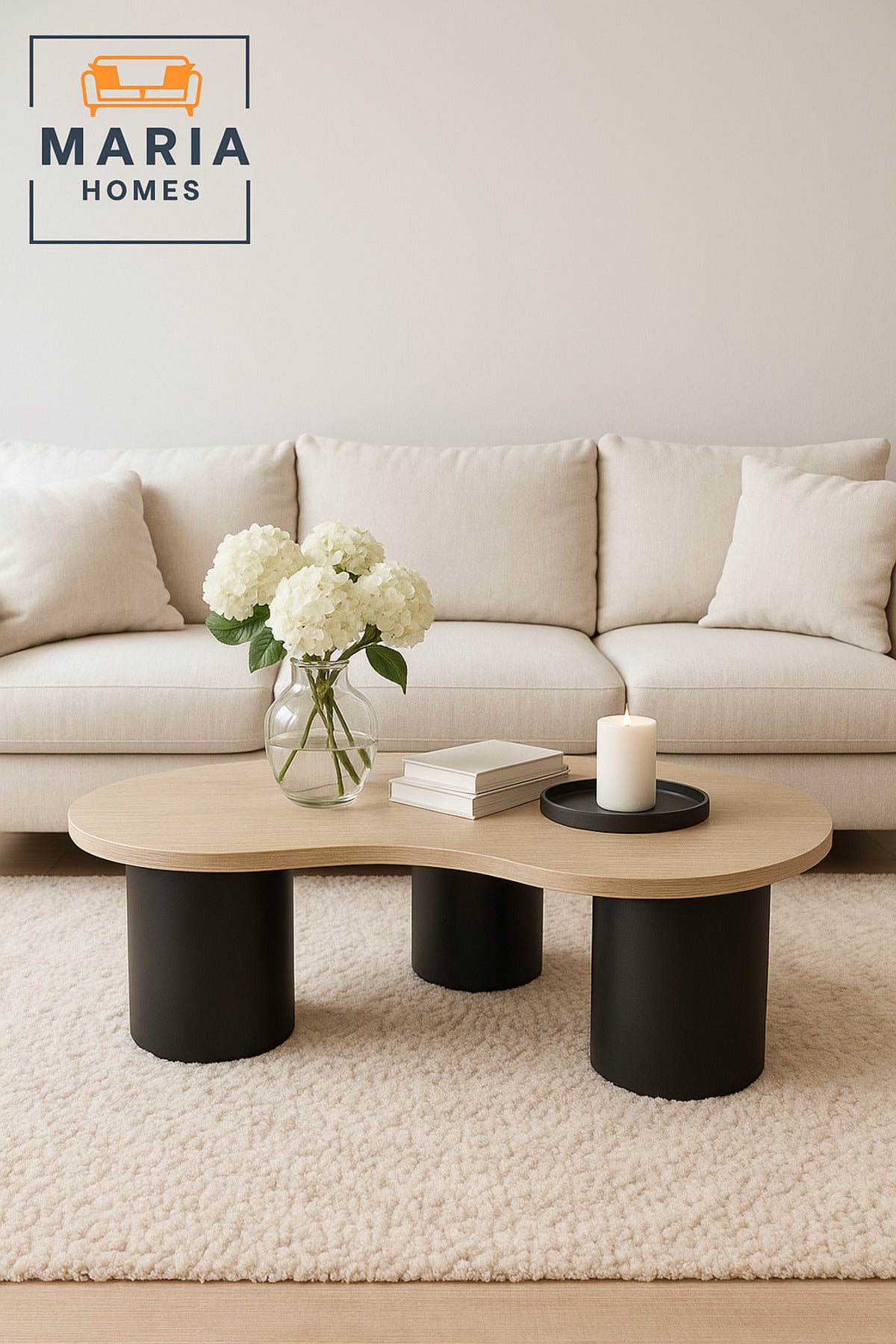 Modern Coffee Table 130_62_40 cm Ð Beige Laminate Top with Black Cylindrical Base