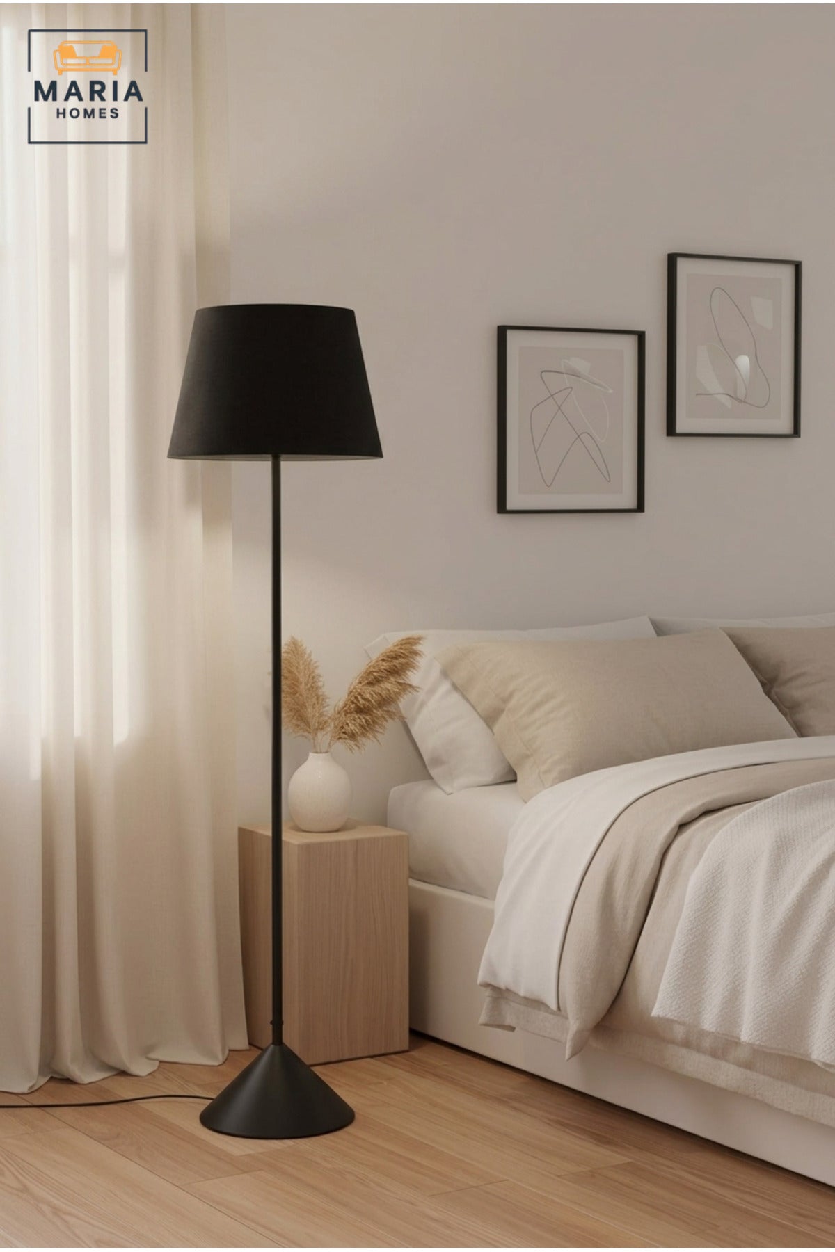 Modern Black Floor Lamp with Fabric Shade and Sculptural Flared Base, Freestanding Standing Light for Living Room, Bedroom, Reading Corner and Office