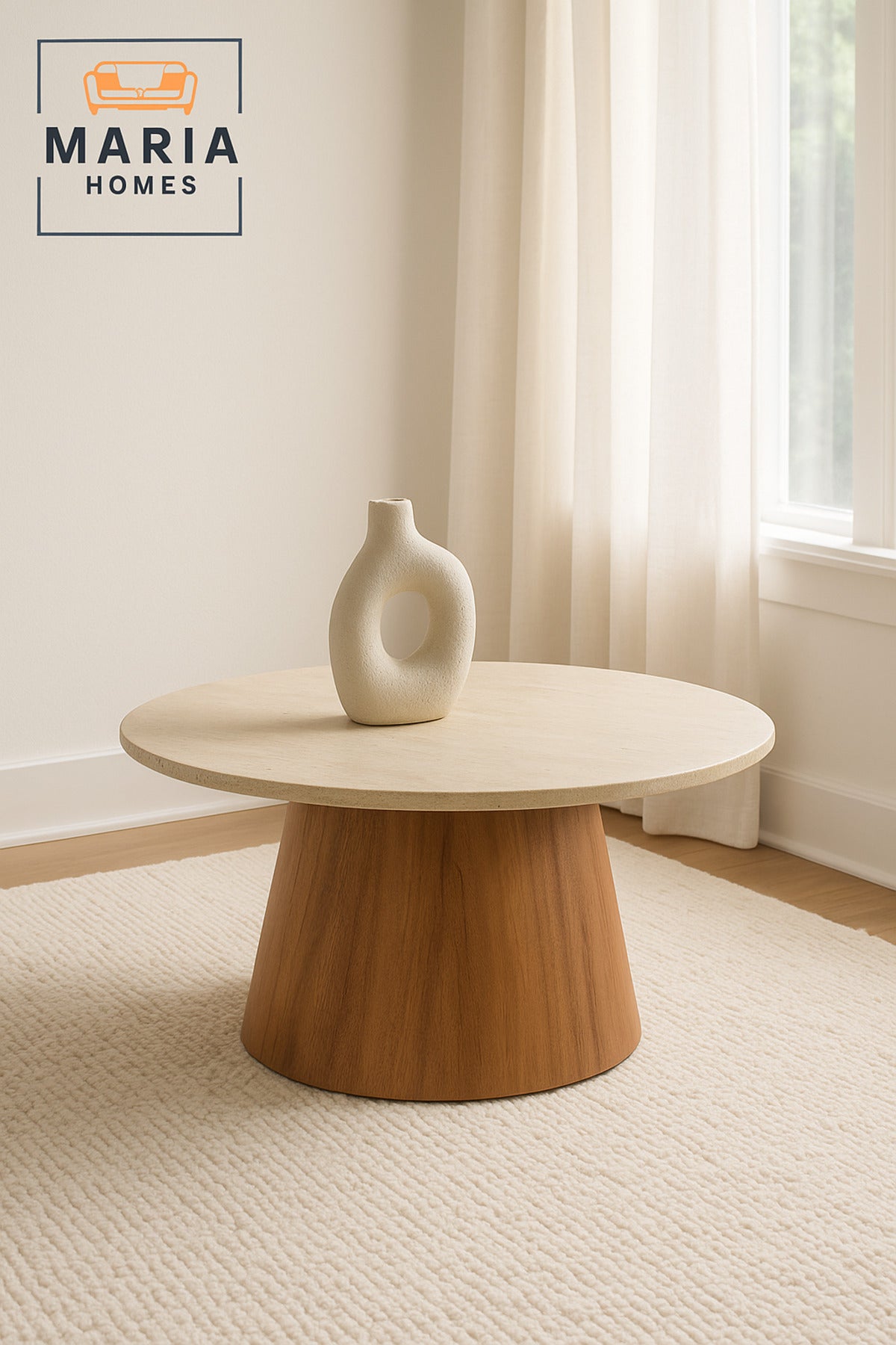 Round Coffee Table 90_45 cm Ð Modern Beige Laminate Top with Brown Wooden Base