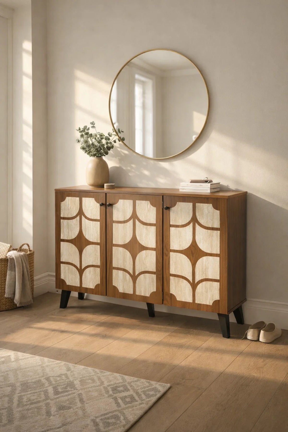 Brown and Beige Shoe Cabinet with Decorative Pattern 120 x 32 x 93 cm