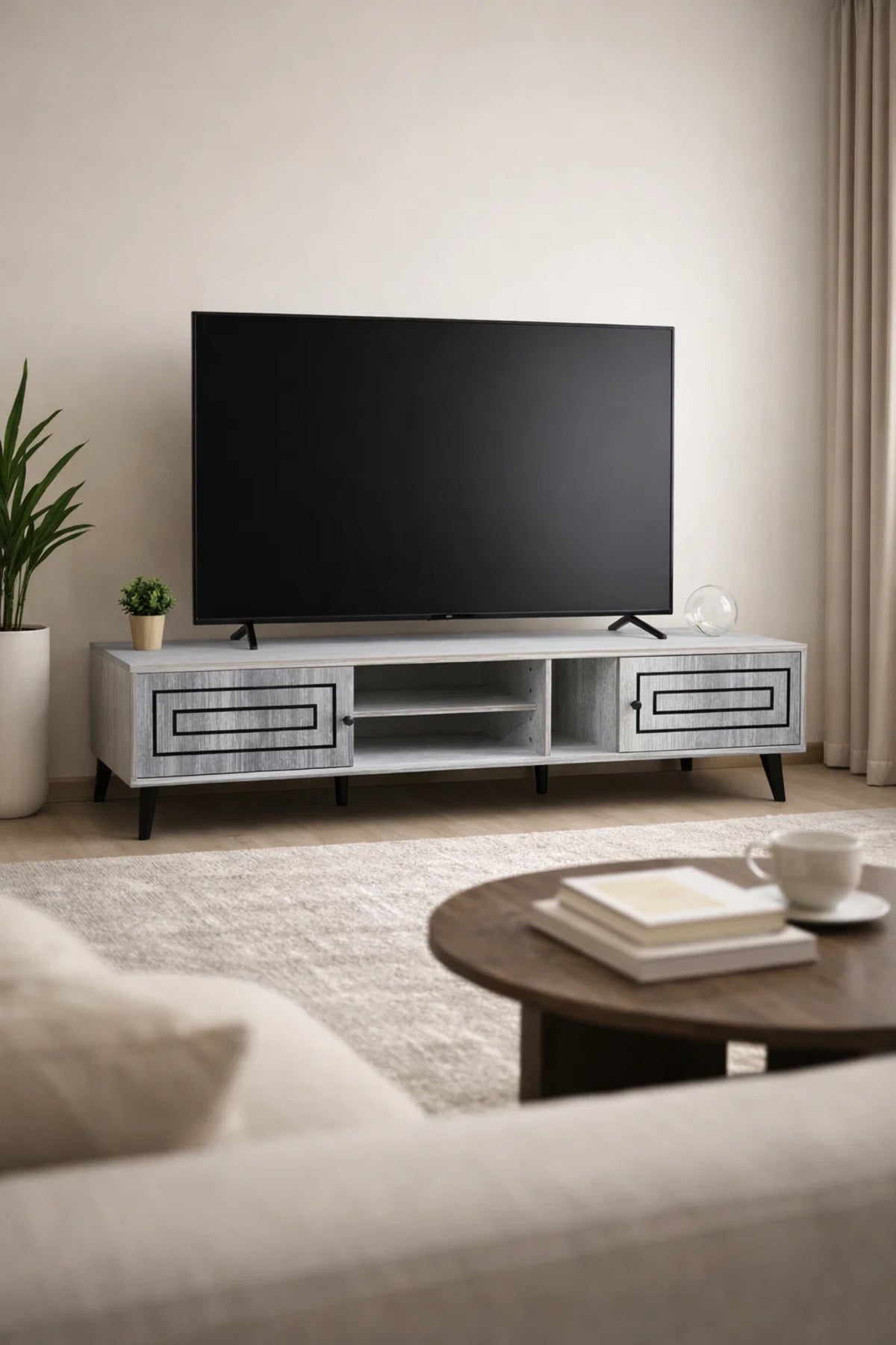 Elegant Grey TV Unit 200cm Wide Media Stand with Storage Cabinets and Open Shelves for Living Room