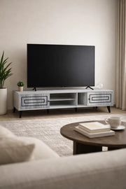 Elegant Grey TV Unit 200cm Wide Media Stand with Storage Cabinets and Open Shelves for Living Room