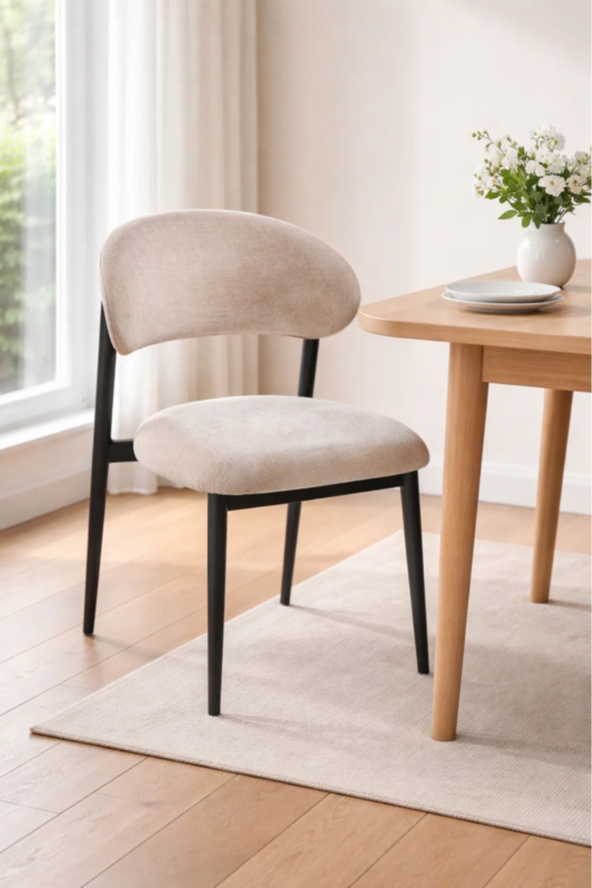 Beige Upholstered Chair with Black Metal Legs, 84x49x48 CM beige upholstered chair