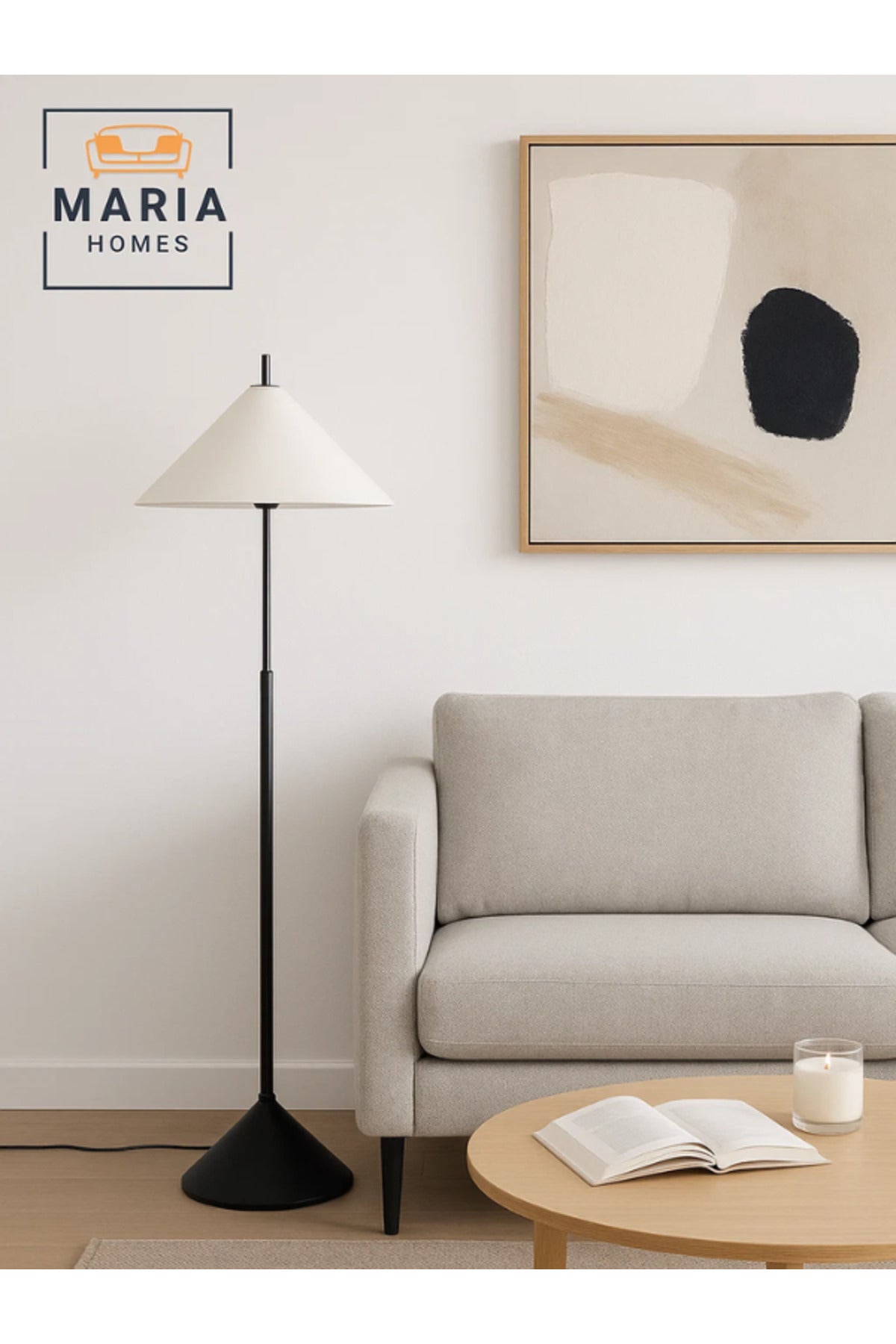 Modern Black Floor Lamp with White Conical Shade Ð Minimalist Standing Light