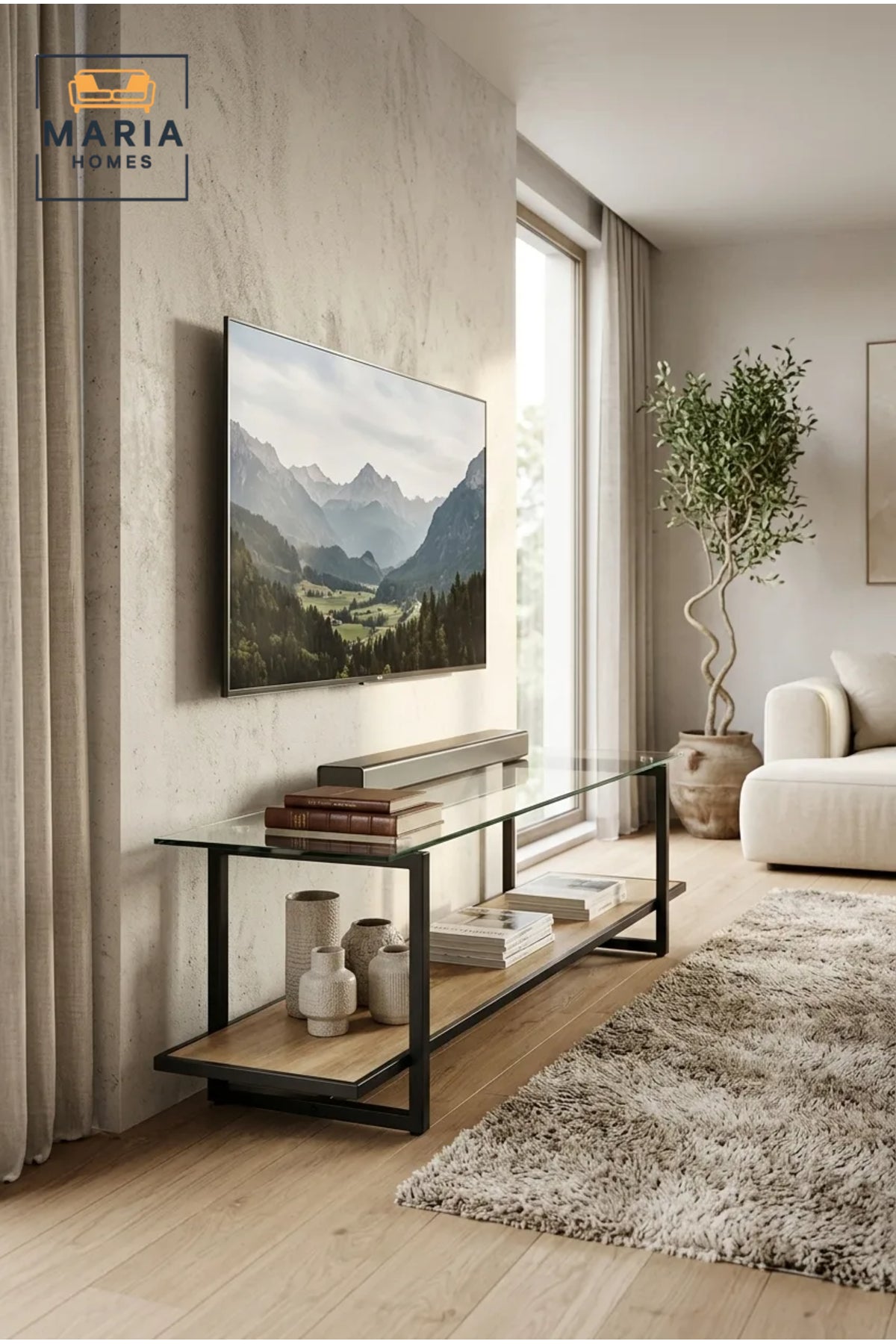 Modern Glass TV Unit 160 _ 40 _ 45 cm √ê Tempered Glass Entertainment Center with Wooden Shelf and Metal Frame