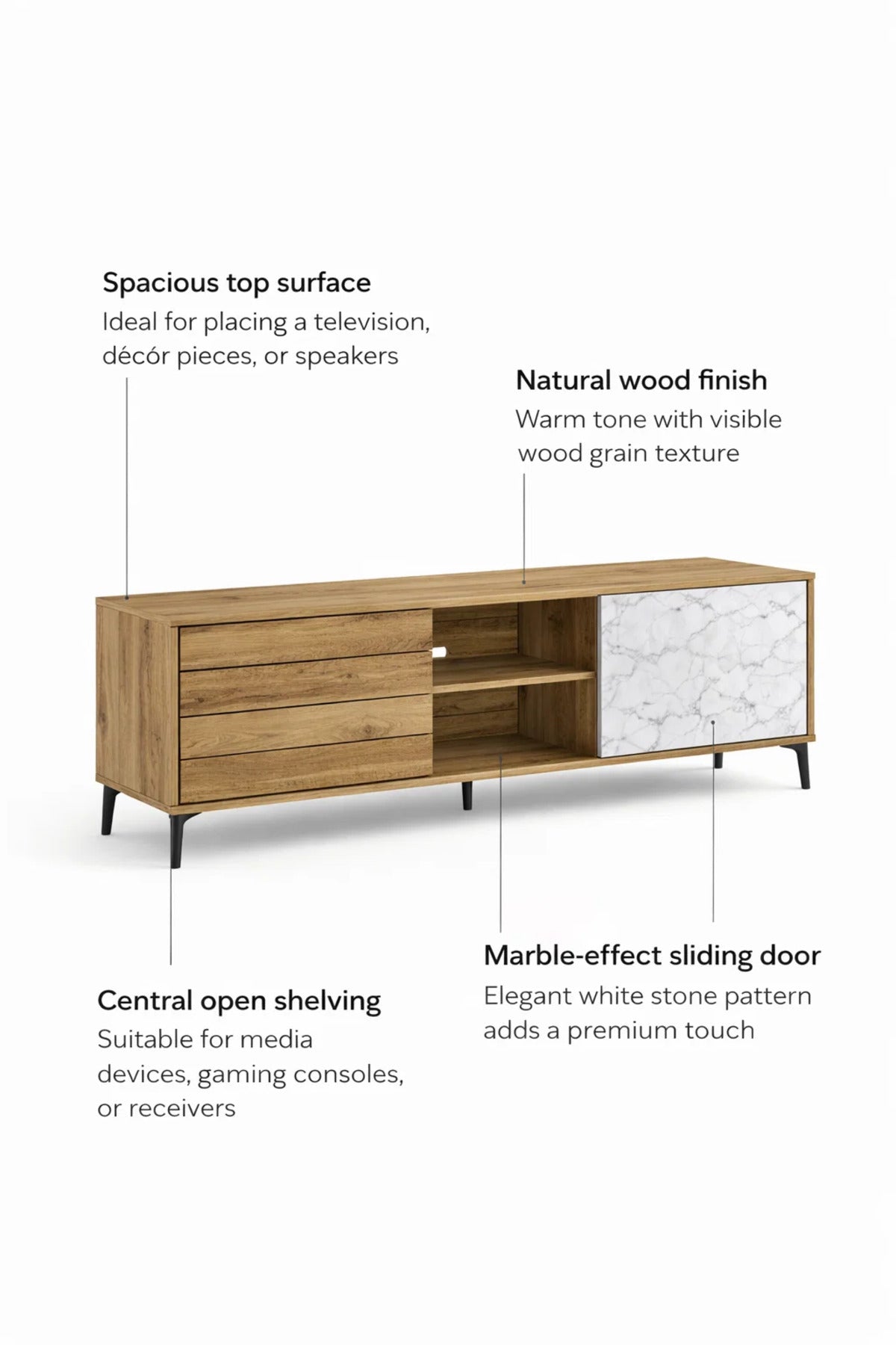 Stylish 160cm TV Unit Wood and Marble Effect Media Cabinet with Storage for Modern Living Rooms