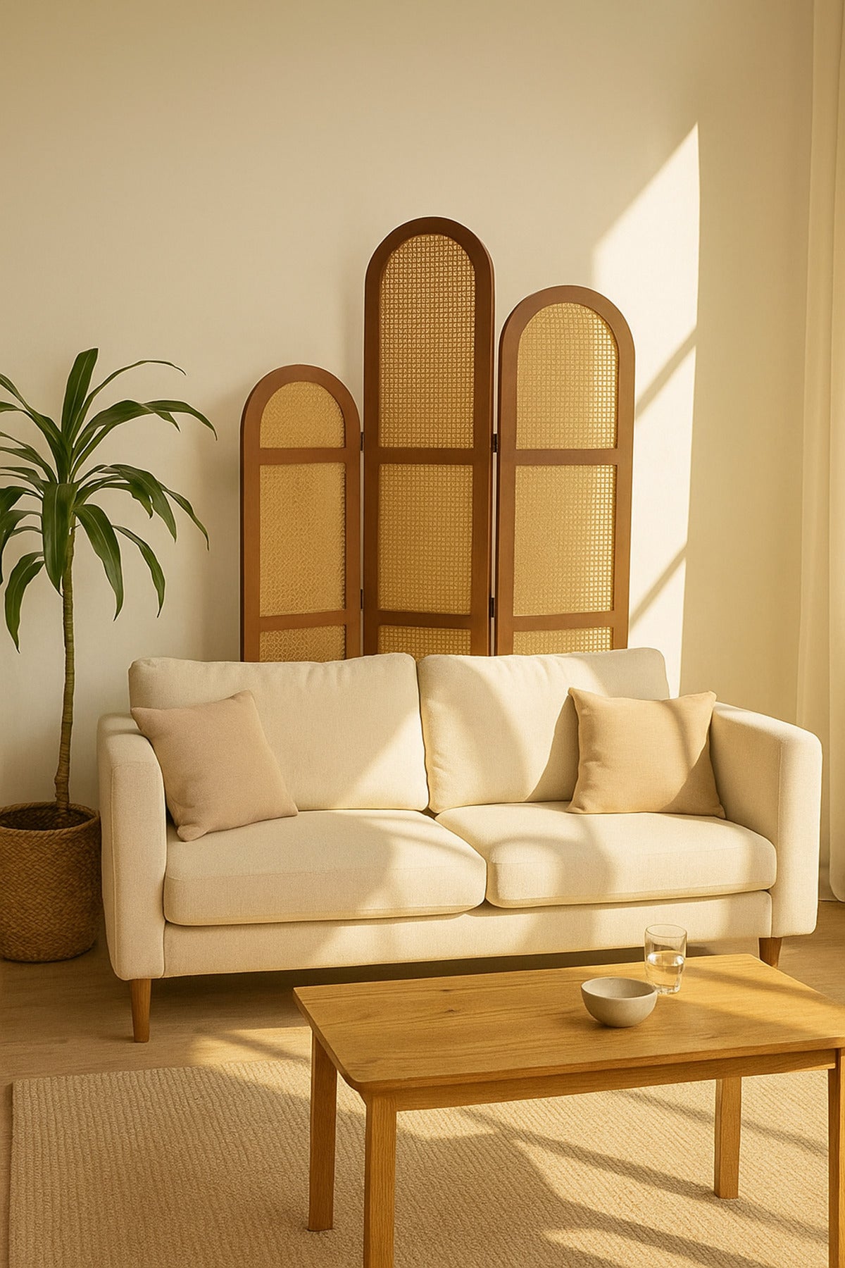 3-Panel Rattan Room Divider with Brown Frame Ð 121_180 cm Elegant Arched Privacy Screen