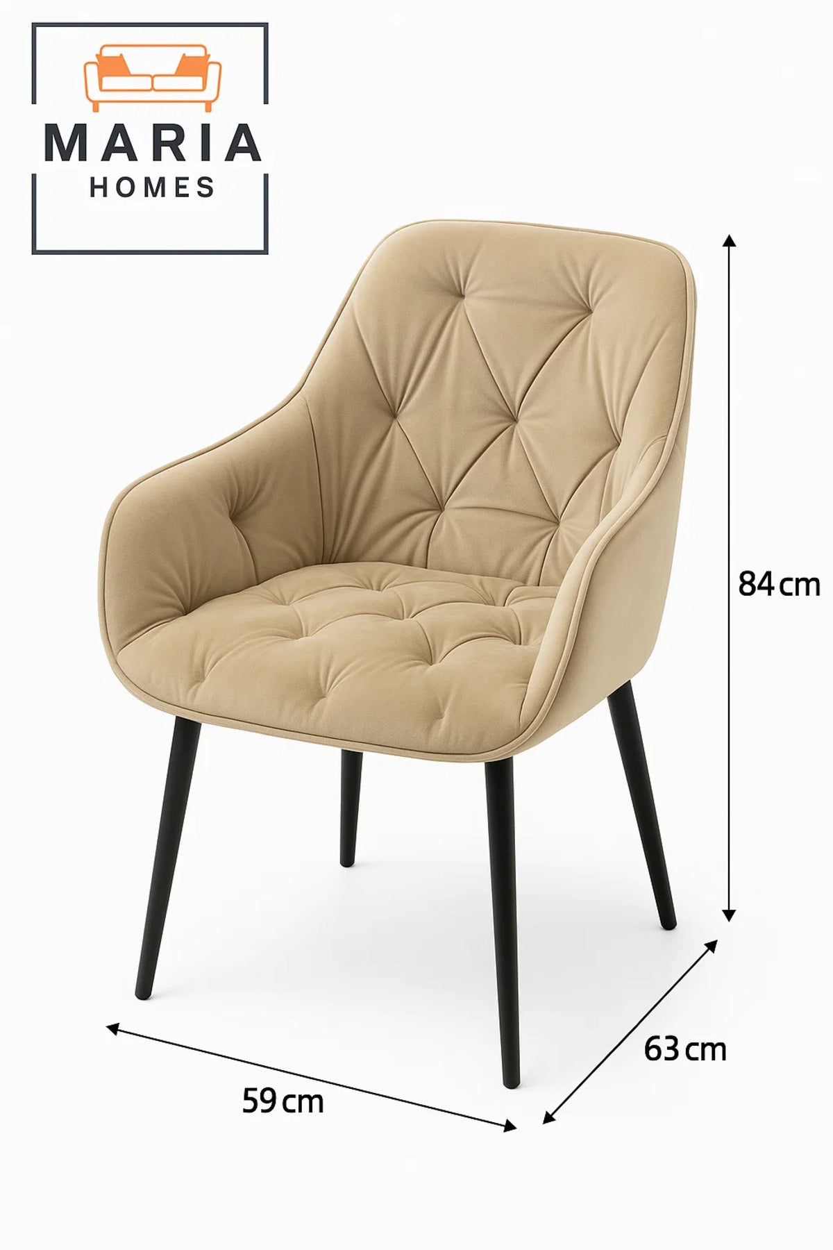 Beige Velvet Tufted Armchair Ð Upholstered Lounge Chair with Black Legs for Home, Office, or Lounge