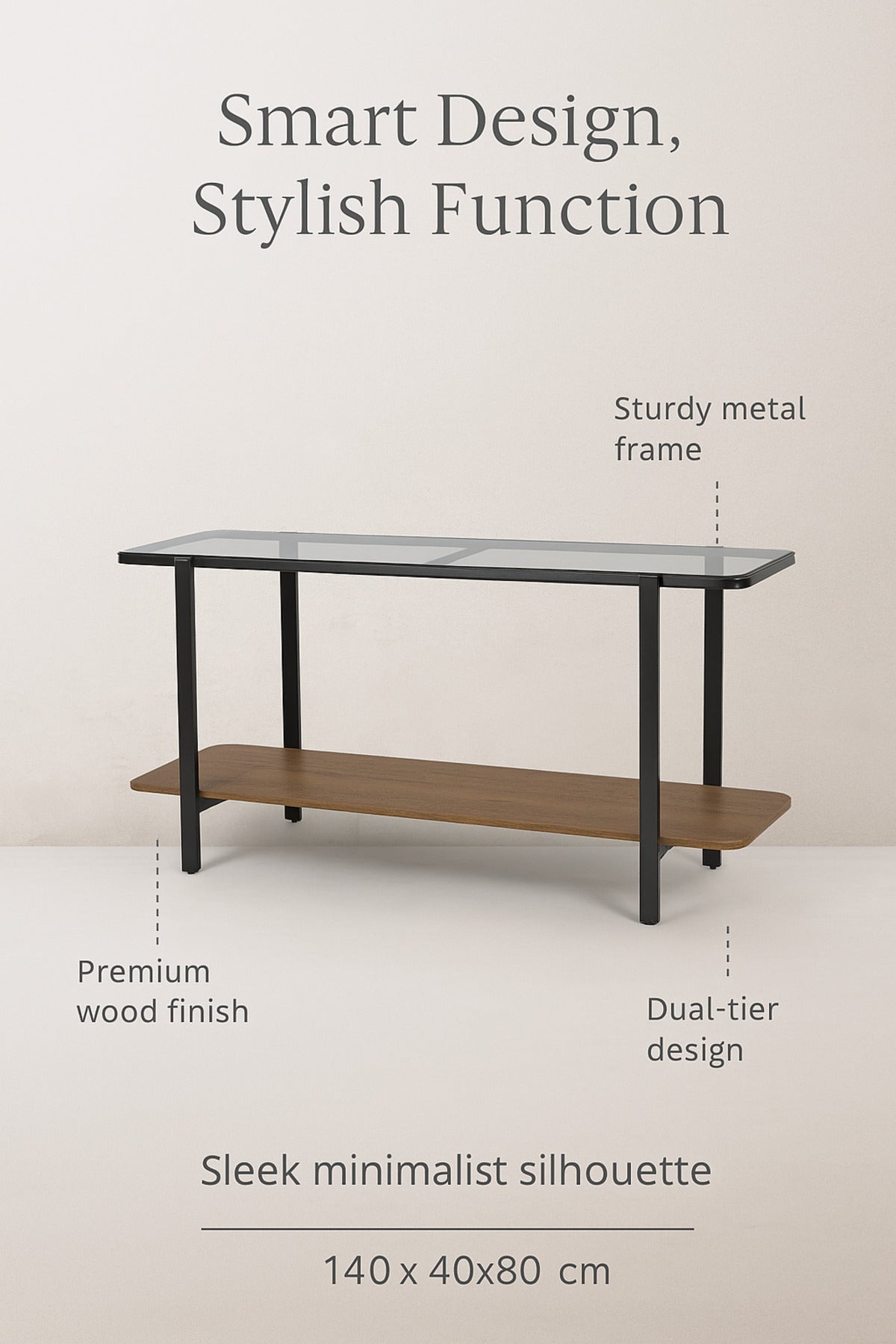 Modern Console Table with Glass Top Ð 140_40_80 cm | Brown Wood Shelf and Black Metal Frame