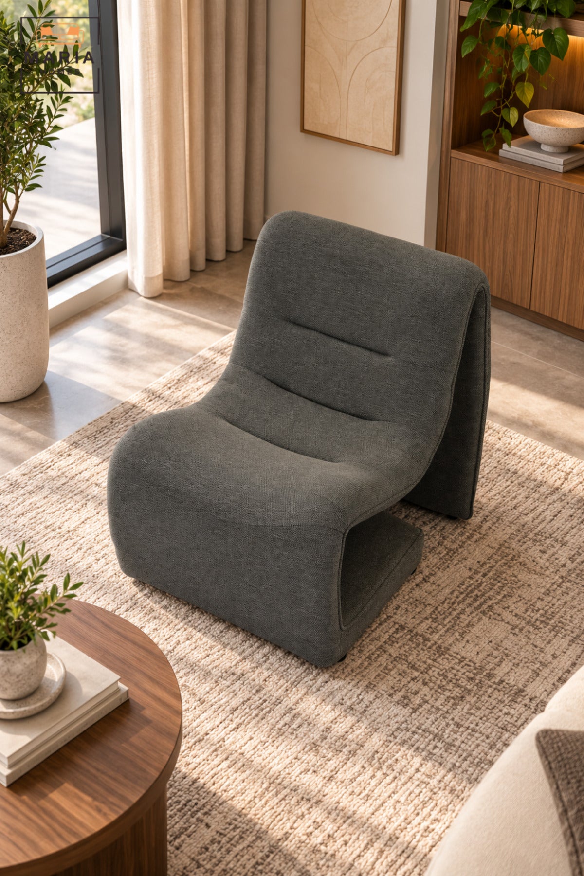 Modern Dark Grey Upholstered Accent Chair with Sculptural Curved Design, Padded Seat for Living Room, Bedroom, Lounge & Reading Corner