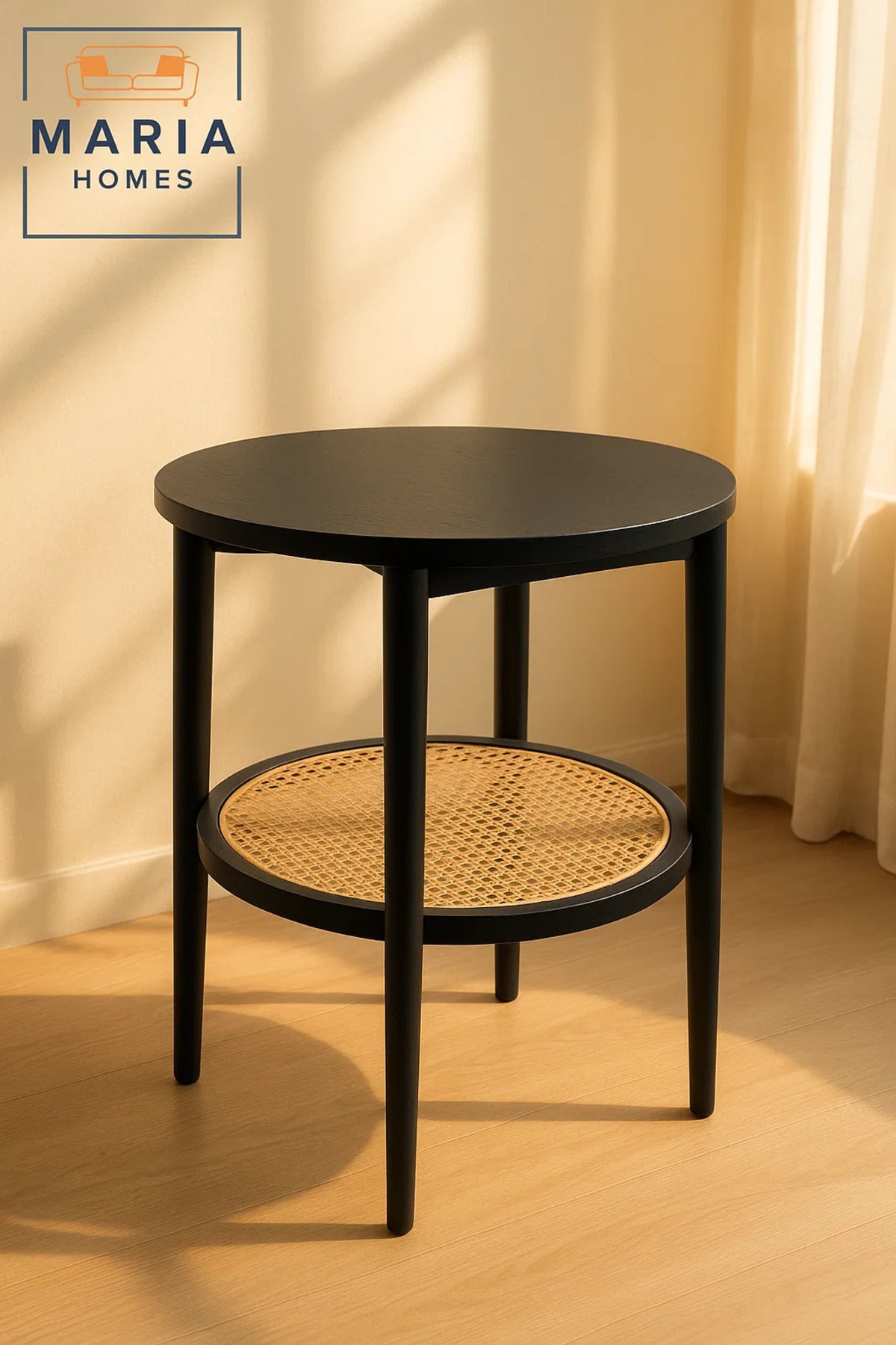 Black Round Side Table with Rattan Shelf Ð Stylish Boho Modern Accent
