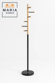 Contemporary Wooden Coat Rack with Black Metal Base and Side Hooks