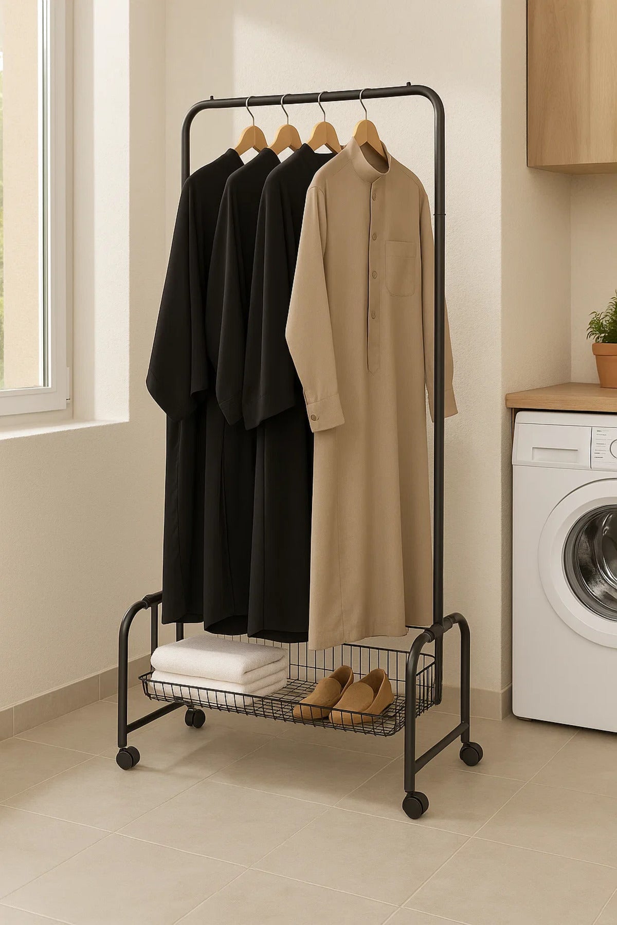 Black Steel Garment Rack with Bottom Wire Basket