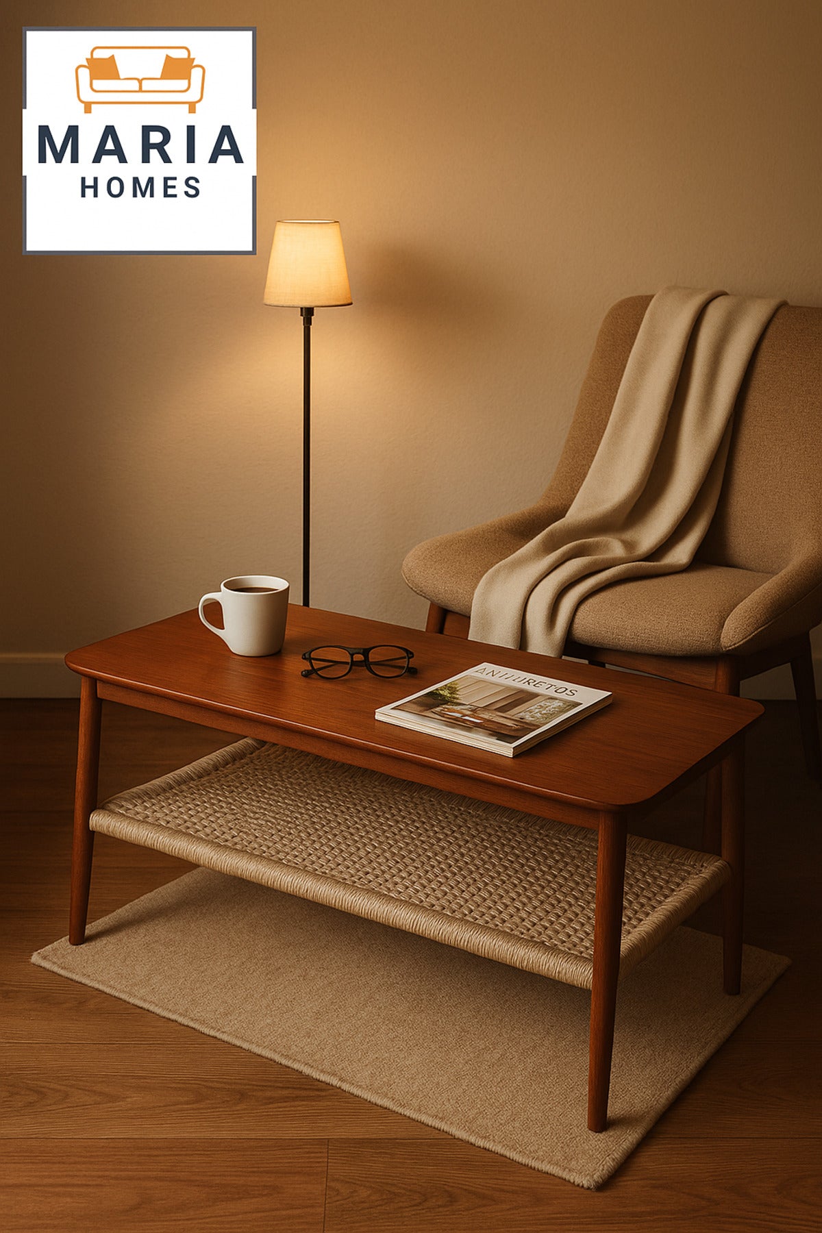 Modern Rectangular Center Table with Wooden Top and Woven Storage Shelf Ð Walnut Finish