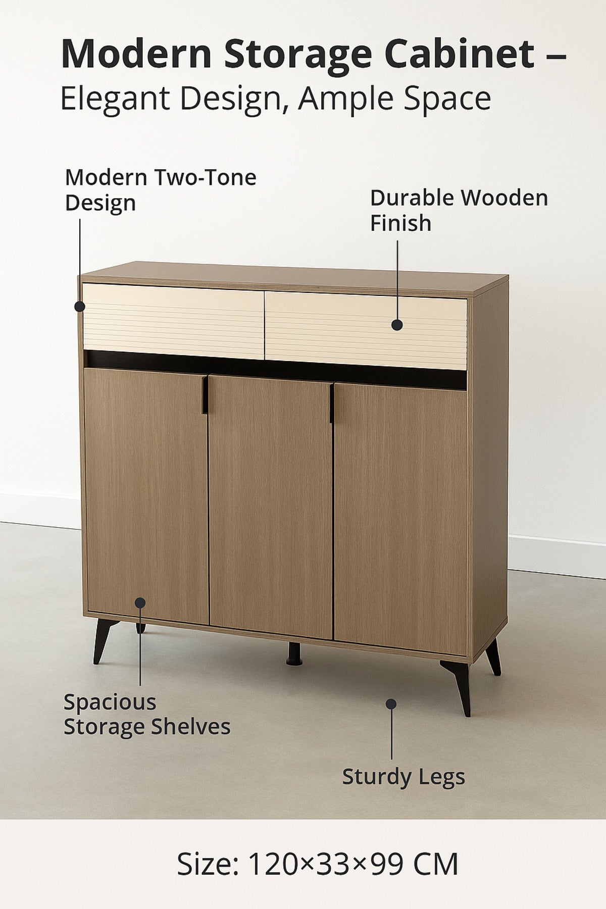 Large Modern Grey & Cream Storage Cabinet Ð 3-Door Sideboard with Drawers 120_33_99 cm