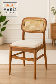 Wooden Dining Chair with Cane Backrest and Beige Upholstered Seat Ð Vintage Rattan Accent Chair